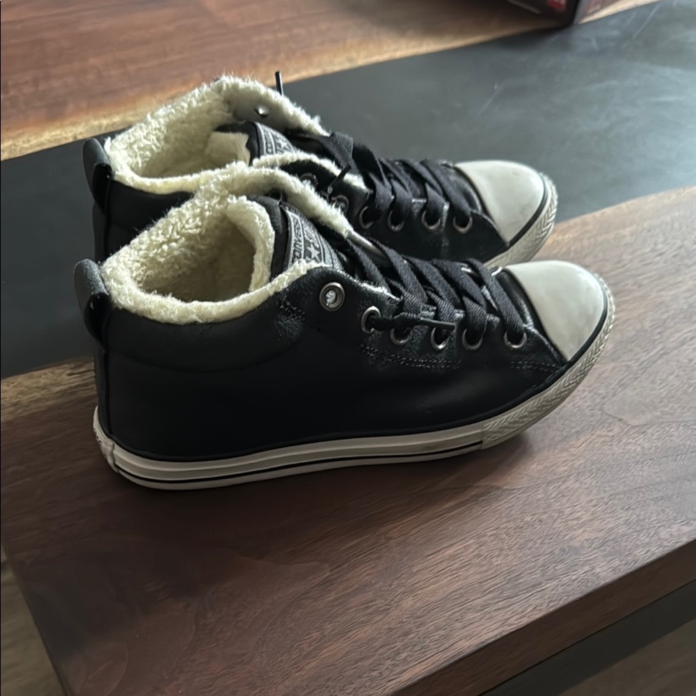 Black High-Top Sneakers with White Fur Lining